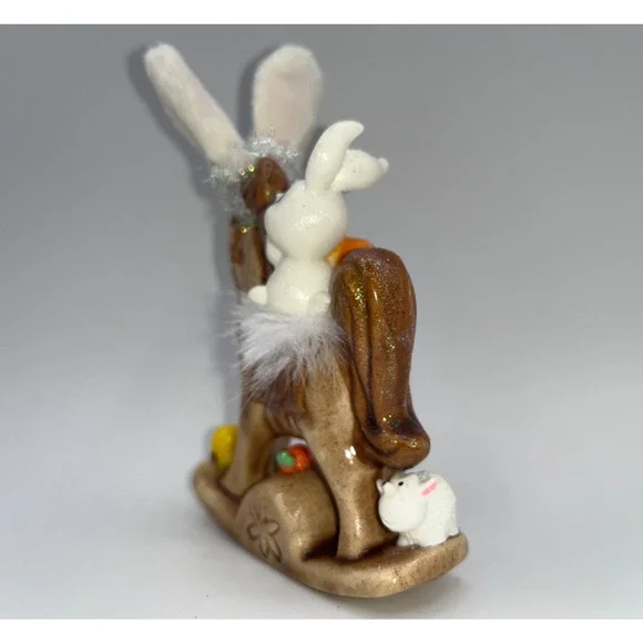 Vintage Ceramic Mini Rocking Horse Easter Bunny Chick Rider Faux Fur saddle OOAK - Picture 11 of 16